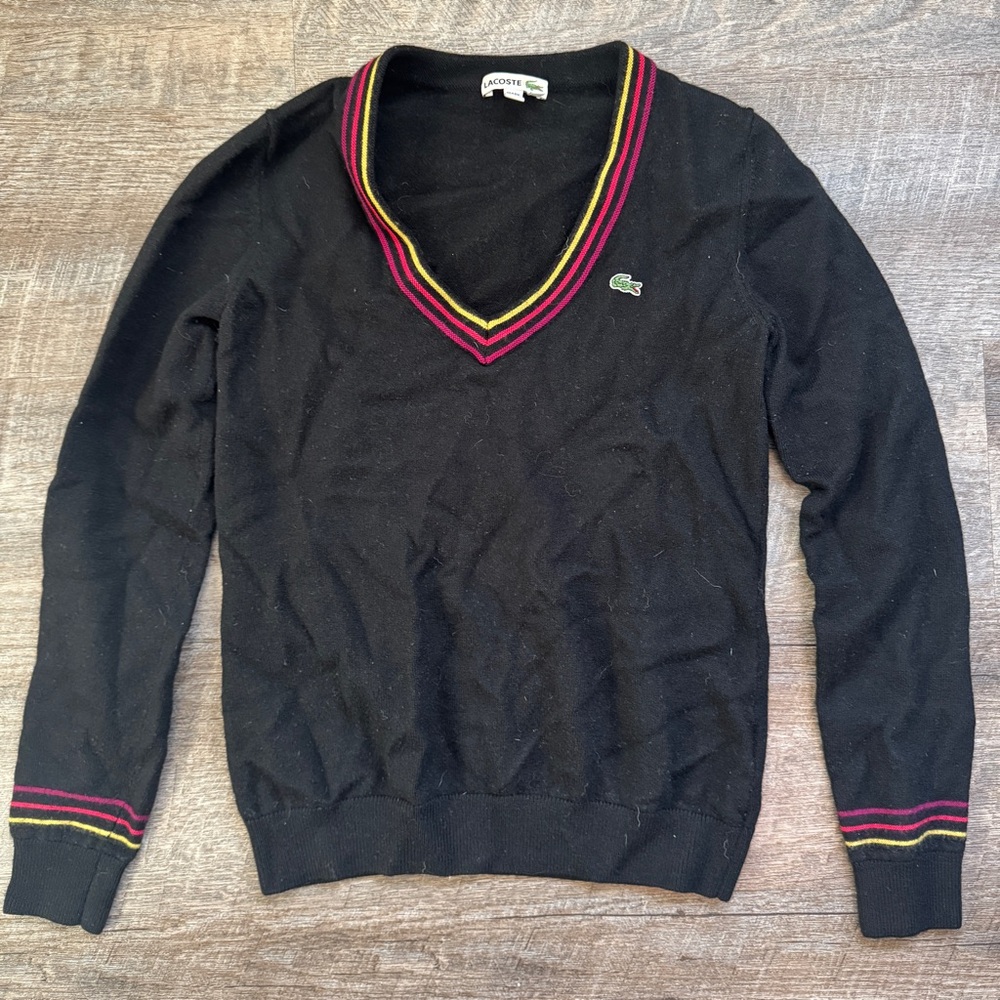 Lacoste V-Neck Black Wool Preppy Varsity Sweater Size 40